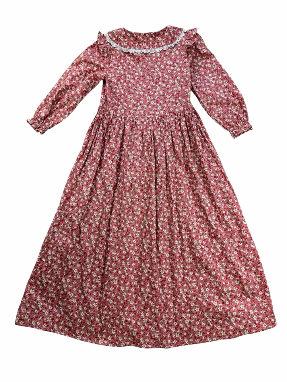 Scarlet Darkness Vintage-Style Red Floral Kids Nightgown Lace Collar Size 10Y